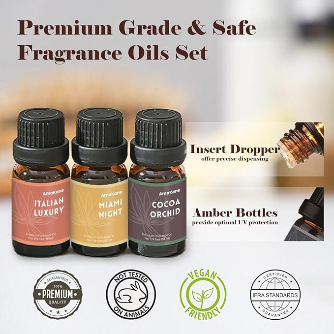 AmaKane Home Fragrance Oils, Diffuser Oils Scents for Home, Candle Making Scents, Fragrance Oil for Soap Making, Fresh White Tea, Cocoa Orchid, Peach Serenade and More Essential Oils, 6x10 ml - Bloomnest