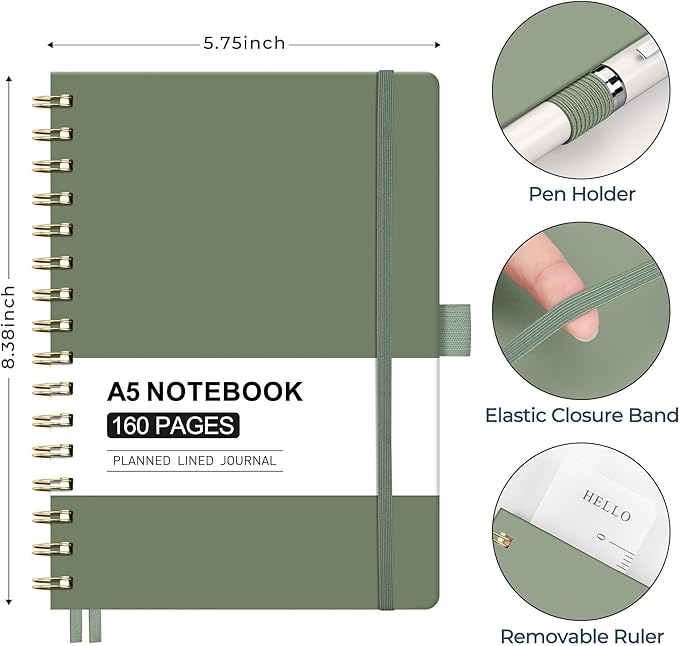 AHGXG Spiral Journal Notebook, 160 Lined Pages, A5 Medium Size (5.7'' x 8.3''), for Men & Women, Journaling, Writing, Work & Office, Hardcover, 100 GSM Thick Paper (Light Green) - Bloomnest
