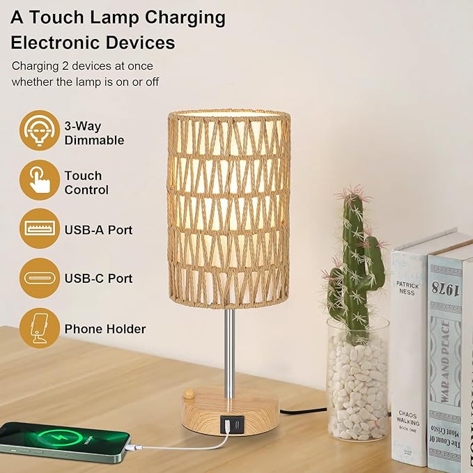 Boho Table Lamp for Bedroom with Bulb, Small Touch Control Table Lamp for Living Room with Rattan & Linen Shade, 3 Way Dimmable Bedside Lamp for Nightstand with USB Charging Port & Phone Stand - Bloomnest