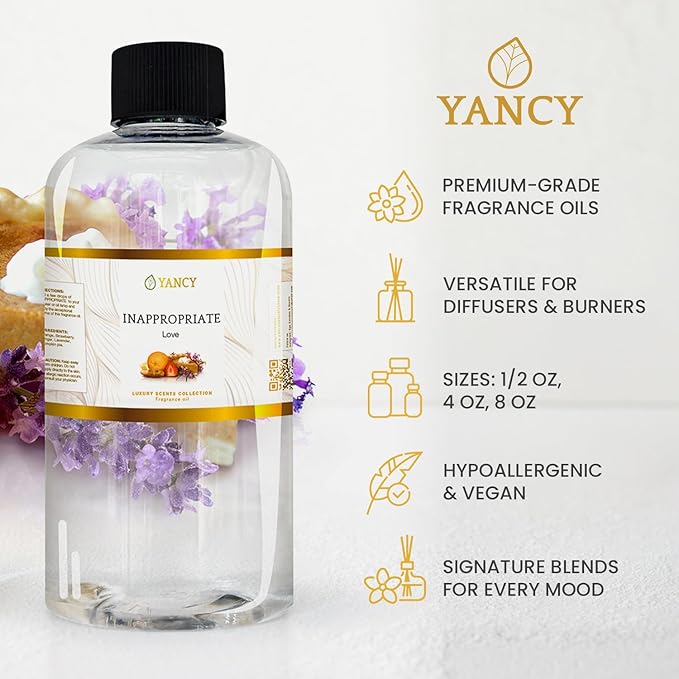 YANCY Inappropriate Luxury Collection Fragrance Oil (8 oz), Exotic Wood and Spice Aroma, Captivating Scent for Diffusers, Oil Burners & Aroma Lamps, Adds Bold Elegance to Social Spaces YancySpa