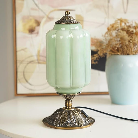 Milk Glass Touch Table Lamp, Elegant Green Jadeite Glass Bedside Desk Lamp 3 Way Dimmable with USB C+A Charging Ports - Bedroom Nightstand & Living Room Essential, 4W Bulb Included (Green, 6.5) - Bloomnest