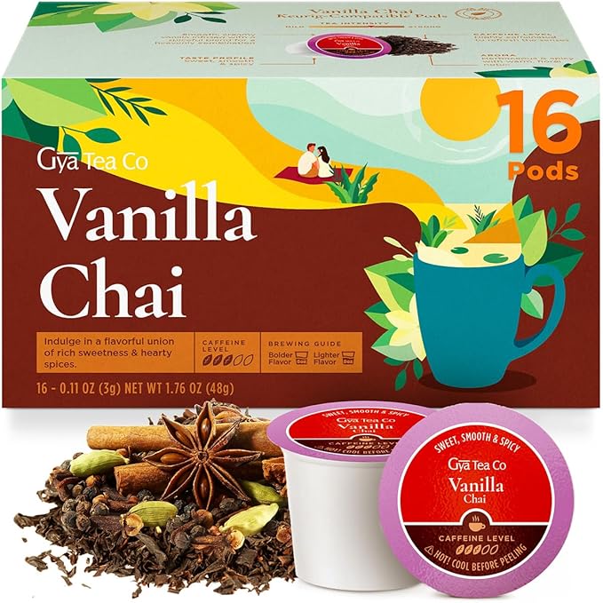 Gya Tea Co Caffeinated Vanilla Chai Black Tea Pod (16 Count) - Smooth, Flavourful, Robust, Enjoy Hot or Iced - Bloomnest