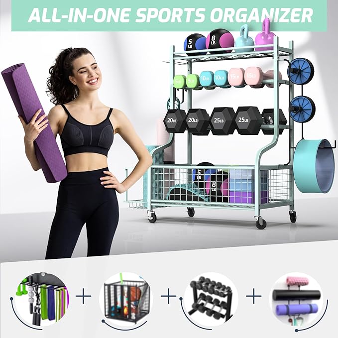 PLKOW Dumbbell Rack, Weight Rack for Dumbbells, Home Gym Storage for Dumbbells Kettlebells Yoga Mat and Balls, All in One Workout Storage with Wheels and Hooks, Powder Coated Finish Steel - Bloomnest