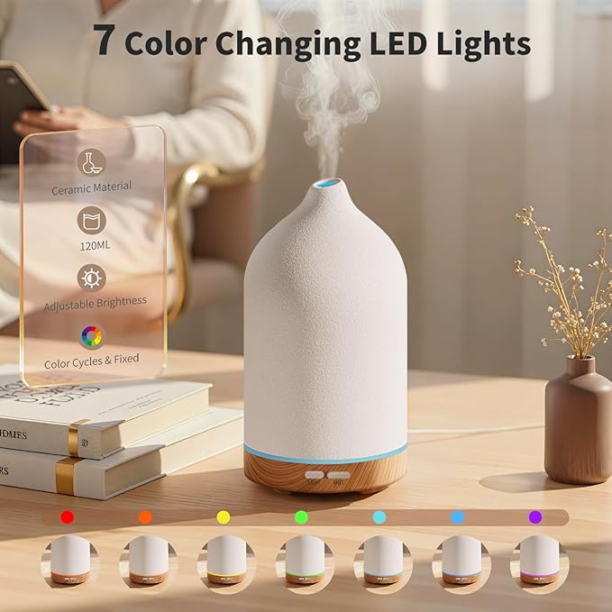 URPOWER 120ML Ceramic Essential Oil Diffuser Ultrasonic Aromatherapy Diffuser with Wood Grain Base, 7-Color LED Lights Auto Shut-Off, Humidifier for Home & Office, Air Diffuser for Relaxation - Bloomnest