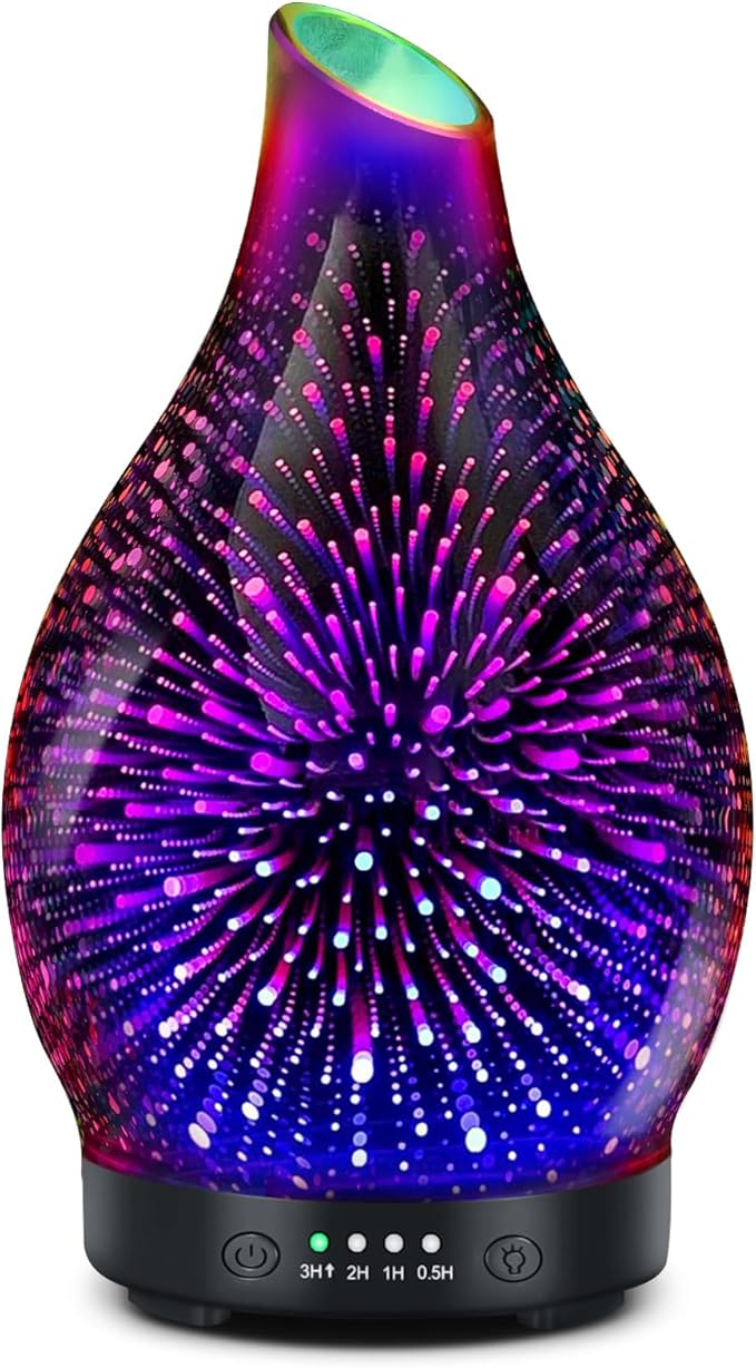 Essential Oil Diffuser 120ML -3D Firework Glass Aromatherapy Diffusers for Essential Oils with 4 Timer Setting Auto Shut-Off Silent Operation 7 Colors Lights Changing for Room, Office, Yoga - Bloomnest