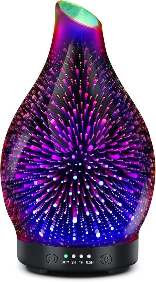 Essential Oil Diffuser 120ML -3D Firework Glass Aromatherapy Diffusers for Essential Oils with 4 Timer Setting Auto Shut-Off Silent Operation 7 Colors Lights Changing for Room, Office, Yoga - Bloomnest