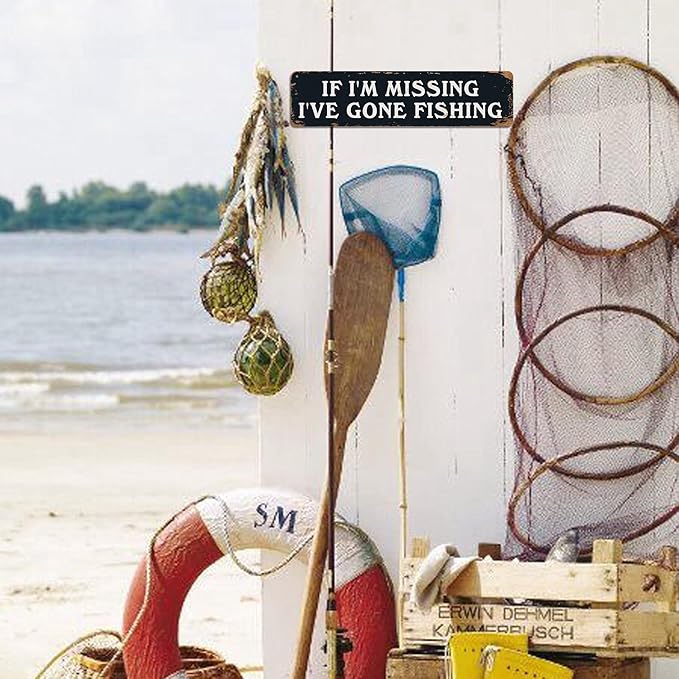 Funny Gone Fishing Sign - Vintage Metal Tin Wall Art Decor for Home - If I'm Missing I've Gone Fishing - Fisherman Picture Gifts 4x16 Inch - Bloomnest