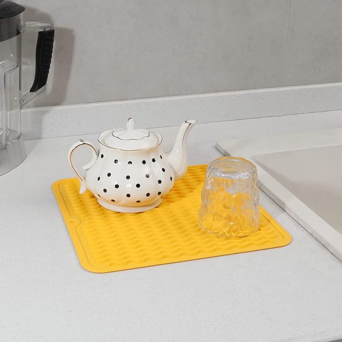 Silicone Dish Drying Mat for Multiple Usage,Easy clean,Eco-friendly,Heat-resistant Silicone Mat for Kitchen Counter or Sink,Refrigerator or Drawer liner Yellow M 12 inches x 12 inches - Bloomnest