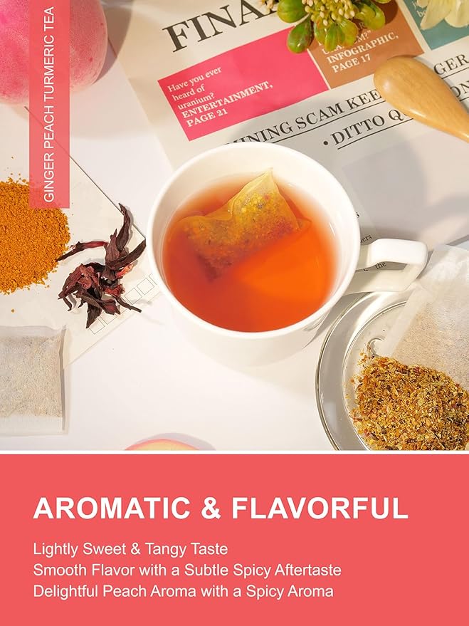 TeeLux Ginger Peach Turmeric Tea Bags, Warm Ginger with Tart Hibiscus & Soothing Chamomile, Tart & Sweet Flavor, Caffeine Free, 100 Count - Bloomnest