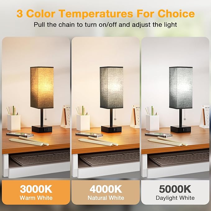 Black Small Table Lamp for Bedroom - 3 Color Temperature 3000K 5000K 4000K Bedside Lamp, Pull Chain Control, USB A and C Charging Ports, Black Base, for Kids Office Dorm Nightstand, Bulb Included - Bloomnest