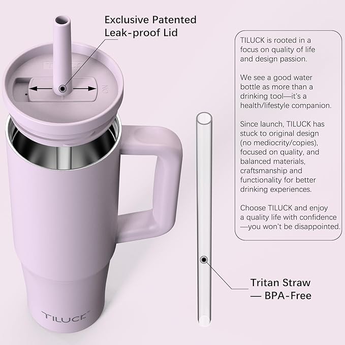TILUCK 30 oz Tumbler with Handle, Vacuum Insulated Stainless Steel Travel Mug with 100% Leak-Proof Silicone Straw Lid, Cupholder Friendly Water Bottle(LightPurple, 30oz) - Bloomnest