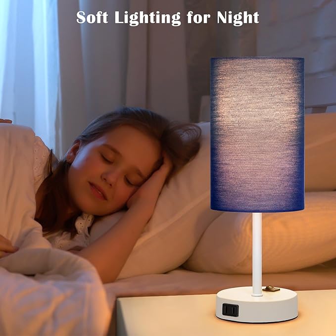 ZJOJO Table Lamp for Bedroom Set of 2, Bedside Small Lamps with 3 Way Dimmable Rocker Switch and AC Outlet, Nightstand Desk Lamp with Blue Fabric Shade White Base for Living Room Home Decor Lights - Bloomnest