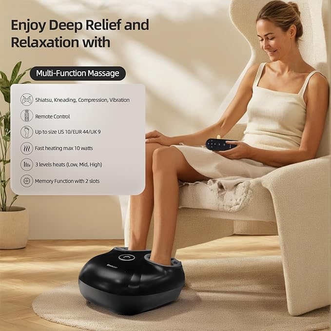 Heated Foot Massager with Shiatsu Kneading, Scraping & Vibration – Ideal for Deep Massage at Home or Work – Includes Remote & 2 Memory Modes