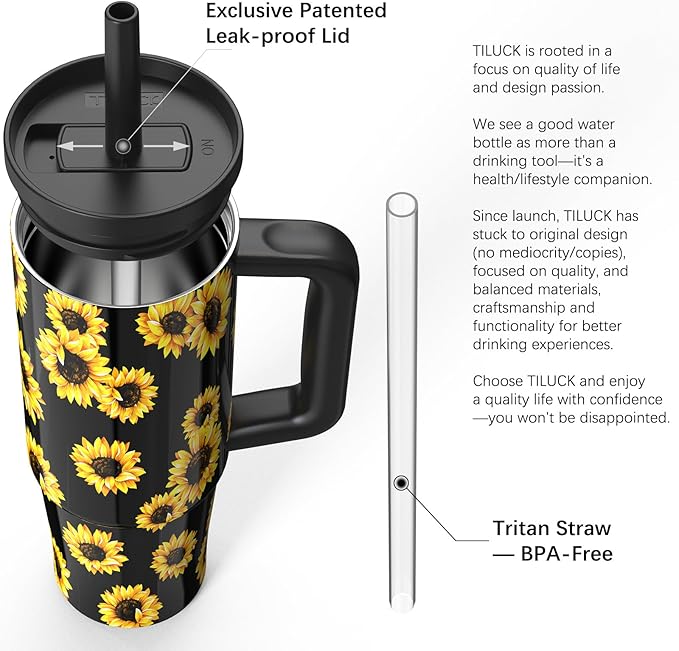 TILUCK 30 oz Tumbler with Handle, Vacuum Insulated Stainless Steel Travel Mug with 100% Leak-Proof Silicone Straw Lid, Cupholder Friendly Water Bottle(SunFlower, 30oz) - Bloomnest
