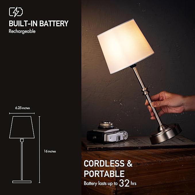 O’Bright Seraph - Cordless LED Table Lamp with Dimmer, Built-in Rechargeable Battery, 3-Level Brightness, Patio Table Lamp, Bedside Night Lamp, Ambient Light for Restaurant, Brushed Nickel - Bloomnest