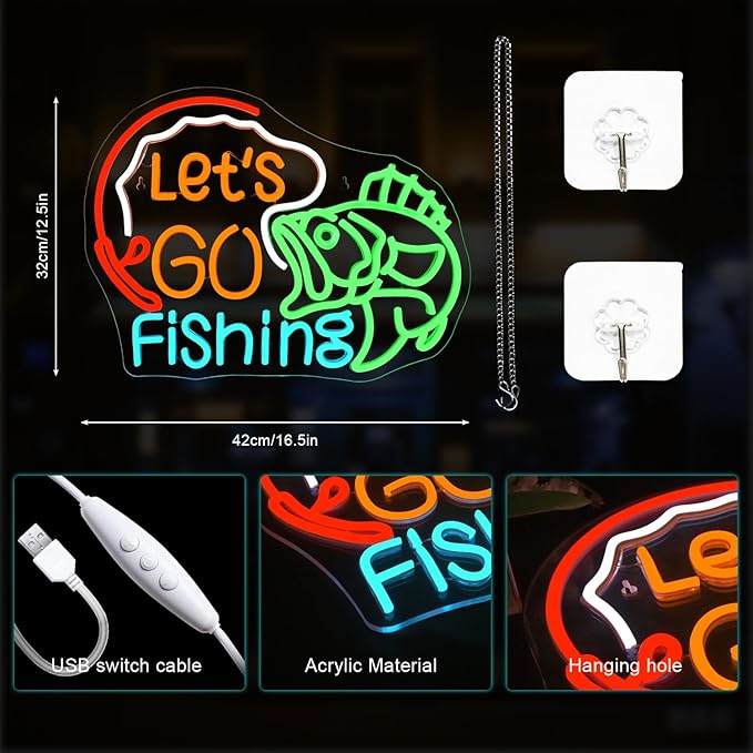 Lucunstar Let's Go Fishing Neon Sign Dimmable Fish Neon Light for Wall Decor LED USB Powered Fishing Hook Lights for Bedroom Living Room Man Cave Yacht Decor Men Gifts - Bloomnest