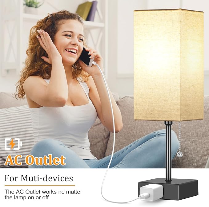 15'' Table Lamp for Bedroom set of 2,3-Color Bedside Lamps with Pull Chain Table Lamps for Night stands with AC Outlet,Small Night Light Lamps with 2 Bulbs Lamps for Living Room Kids Room Office Decor - Bloomnest