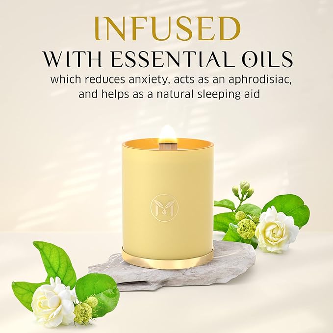 MyrrhUSA Arabian Jasmine Scented Candle – 15oz Natural Soy Wax with Crackling Wooden Wick & Essential Oil | 80 Hour Burn | Luxury Aromatherapy Candle for Relaxation, Home Décor, Living Room & Bathroom - Bloomnest