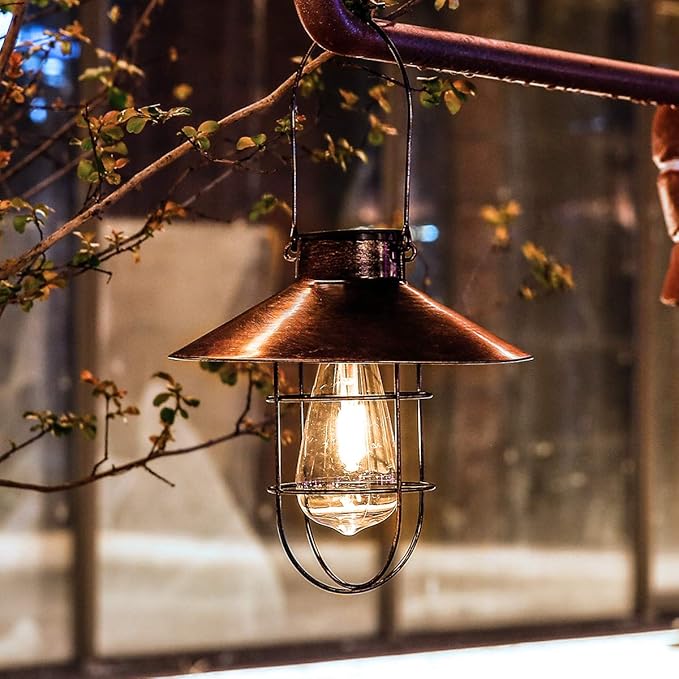 pearlstar Solar Lantern Outdoor Hanging Light Metal Farmhouse Solar Lamp with Warm White Edison Bulb Design for Garden Yard Patio Porch Decor (Brushed Copper) - Bloomnest