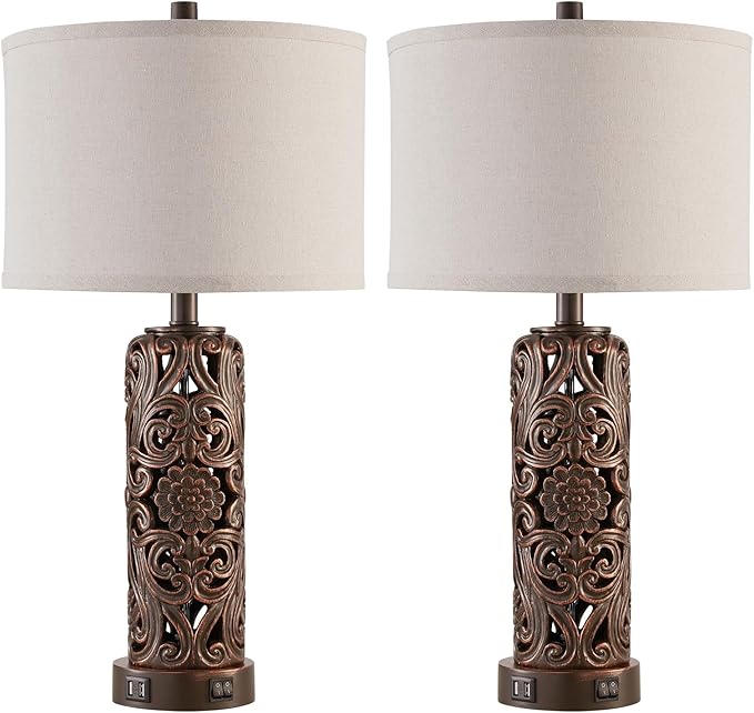 Farmhouse Table Lamps Set of 2, Vintage Lamp for Living Room and 2 USB Ports Bedside Lamp with Nightlight for Bedroom, Dark Brown Hollow Out Resin Nightstand Lamp, 2 Bulbs Included - Bloomnest