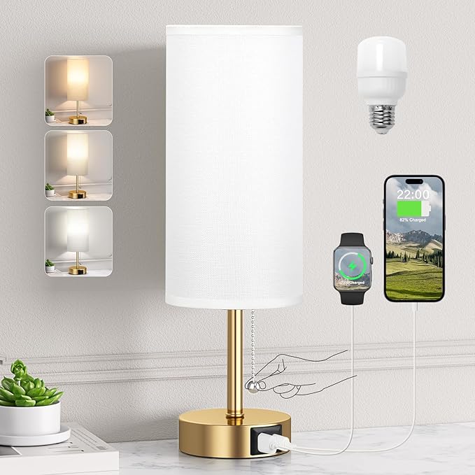 Gold Bedside Lamp for Bedroom Nightstand - Small Table Lamp with USB A + C Charging Port, 3 Color Temperatures Pull Chain Night Stand Light, Side Table Desk Reading Lamp for Living Room/Dorm Room - Bloomnest