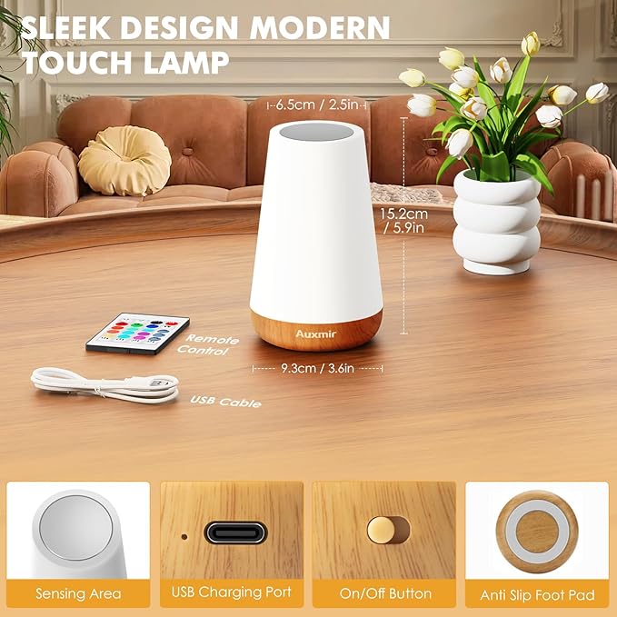 Auxmir LED Night Light 2 Pack Bedside Lamp Touch and Remote Control Dimmable Tabletop 13 RGB Colors Changing 5 Brightness Adjustable Rechargeable Portable Lamp for Baby Kids Nursery Bedroom Outdoor - Bloomnest