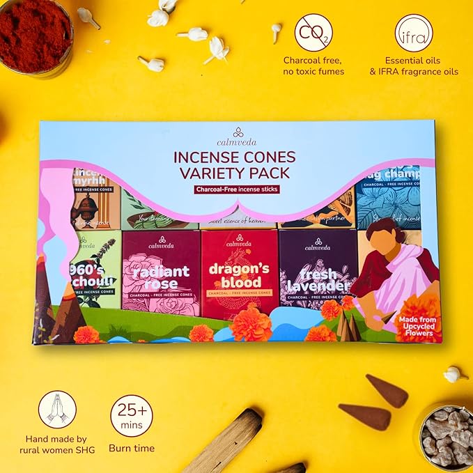 Organic Incense Cones Scented - (120 Cone Incenses, 10 Variants) Clean No Charcoal Incense, Made from Upcycled Flowers | Palo Santo, Frankincense, Nag Champa Cones, etc. (with Holder) CalmvedaIncenseAromatherapy