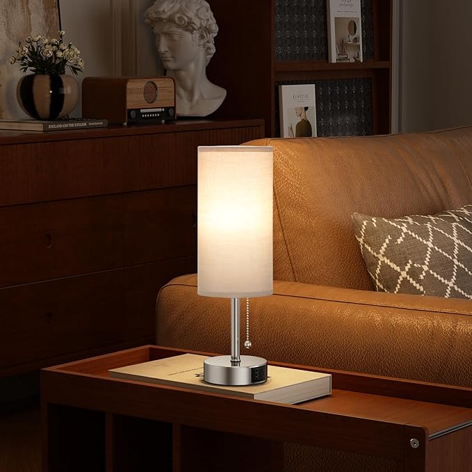 Silver Bedside Lamps for Bedroom Set of 2 - Nightstand Table Lamp with USB A + C Charging Port, 3 Color Temperatures Pull Chain Night Stand Light, Side Table Desk Reading Lamp for Living Room/Dorm - Bloomnest