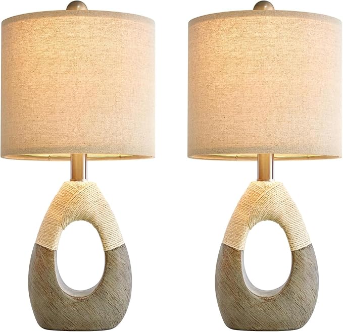 OYEARS 19” Boho Table Lamps Bedroom Living Room Set 2,Suitable for Small Space,Small Farmhouse RattanTable Lamp Rustic Egg Design Resin Light Decoration,Nightstand Bedside Lamps for Office Study Rest - Bloomnest