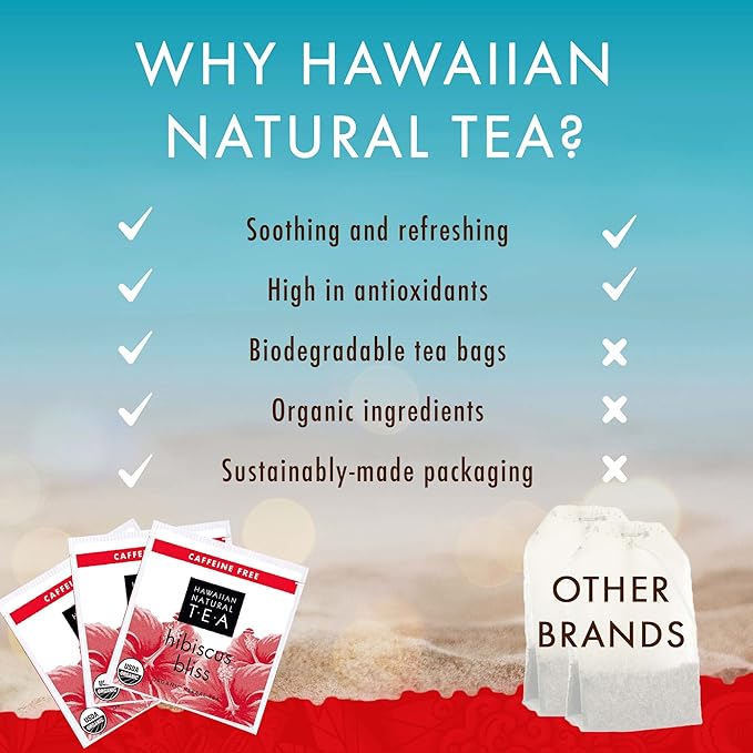 Hawaiian Natural Tea - Organic Hibiscus Bliss Herbal Tea, Caffeine-Free Hibiscus Tea, All-Natural and Antioxidant-Rich Wellness Tea, Vegan and Keto-Friendly, 60 Tea Bags - Bloomnest