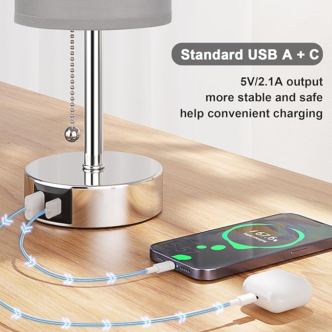 Grey Table Bedside Lamp for Bedroom Nightstand - Small Silver Lamp with USB A + C Charging Port, 3 Color Temperatures Pull Chain Night Stand Light with Bulb, Side Table Desk Lamp for Living Room - Bloomnest