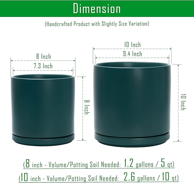 D'vine Dev 8 Inch & 10 Inch Ceramic Planter Pot for Plants with Drainage Hole and Saucer, Large Plant Pots Set, Teal, 94-G-L-9 - Bloomnest