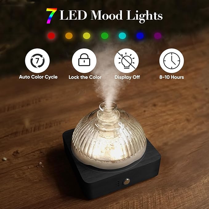 Glass Dome Essential Oil Diffuser with Glass Reservoir & Wood Base-Plastic Free, 200ml Ultrasonic Diffuser for Aromatherapy with Timer 7 Color Light Auto-Off for Home Office Yoga Dark Brown - Bloomnest