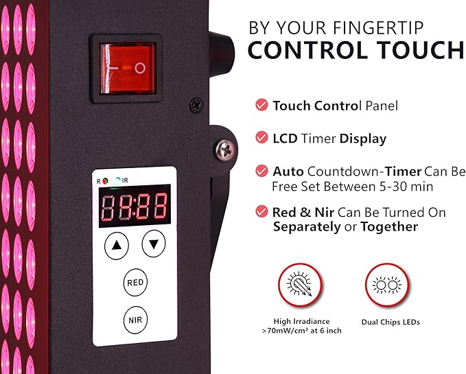 Red Light Therapy for Body Panel, LED 660nm Red Light Panel & 850nm Near-Infrared Therapy Device, 60 Dual Chip LEDs,Touchscreen Controls, Adjustable Stand/Timer, Hanging Kit/Handle/Eyewear