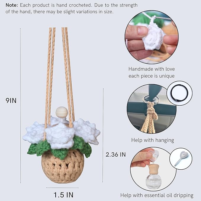 Handmade Crochet Hanging Car Air Freshener - Pure Elegant White Rose Design, 12ml Refillable Thick Glass Bottle, Car Diffuser for Rearview Mirror, Home & Office Minimalist Decor - Bloomnest