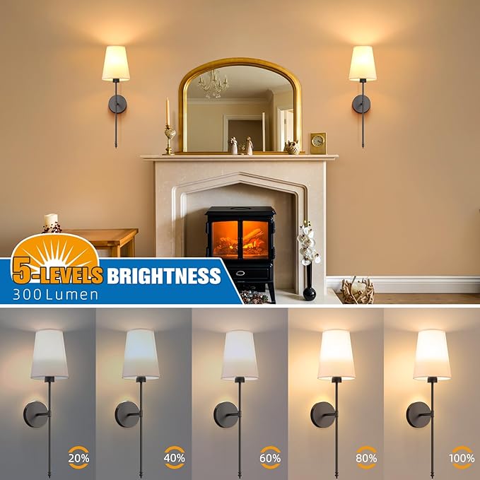 NIORSUN 25.4 inch Battery Operated Wall Sconce Set of 2,Black Rechargeable Wall Lights with 5200mAh Dimmable Detachable Bulbs and Remote,9 Colors Wireless Sconces for Bedroom Living Room Hallway - Bloomnest
