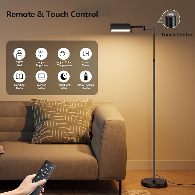 SUNMORY Dimmable LED Pharmacy Floor Lamp, 16W/1500LM Bright Reading Floor Lamp with Remote & Touch Control, 350°Swing Arm, Adjustable Task Craft Standing Lamp for Living Room Bedroom Office, Black - Bloomnest