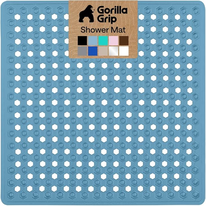 GORILLA GRIP Patented Square Shower Stall Mat, Small Bathtub Floor Mats for Stand Up Showers, Suction Cups and Drain Holes, Machine Wash, Soft on Feet, Bathroom Accessories 21x21 Inch, Sky Blue Opaque - Bloomnest