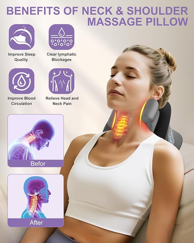 Shiatsu Neck Massager with Heat, Electric Deep Tissue Kneading Massage Pillow with 10-Minute Timer for Full Body Muscle Pain Relief, Cordless Portable Cervical Traction Device (Black)