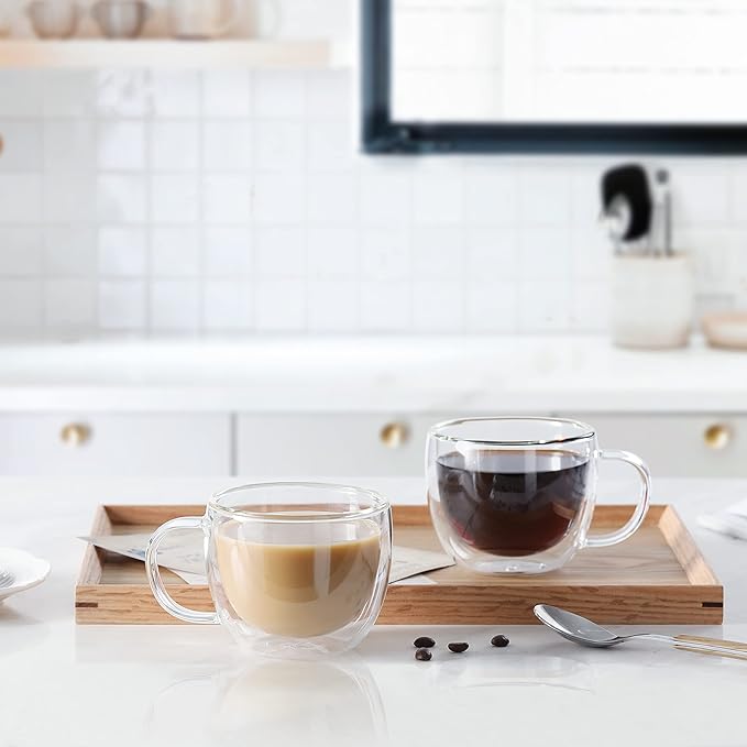 CNGLASS 8oz Double Wall Glass Coffee Mugs,Clear Insulated Espresso Glass Mugs with Handle for Latte,Cappuccino,Coffee,Set of 4 - Bloomnest