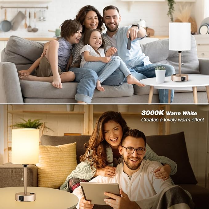 Small Bedside Table lamp for Bedroom - 3 Color Temperatures Bedside Lamps with USB C and A Ports, Pull Chain Table Lamps with AC Outlet, Gold Nightstand Lamps with White Shade for Kids Reading - Bloomnest