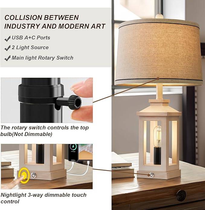 23.75" Retro Farmhouse USB C+A Ports Table Lamp Set of 2 with 3 Way Dimmable Touch Control White Nightlight Vintage Modern Lamp for Living Room Bedroom with 2 Light Sources - Bloomnest