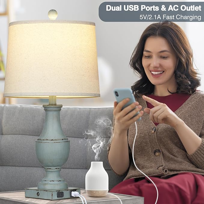 Farmhouse Table Lamps, Rustic 26" Touch Control Bedside Lamps with USB A+C Charging Ports & AC Outlet, Vintage 3-Way Dimmable Traditional Classic Nightstand Lamp for Living Room Bedroom Office Decor - Bloomnest