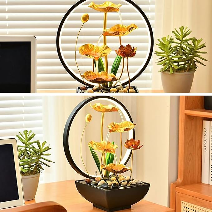 Tabletop Water Fountain Lotus Leaf Indoor Waterfall Fountain, 15 in USB Powered Tabletop Lotus Water Fountains with 1 Replacement Water Pump (Gold Large) - Bloomnest
