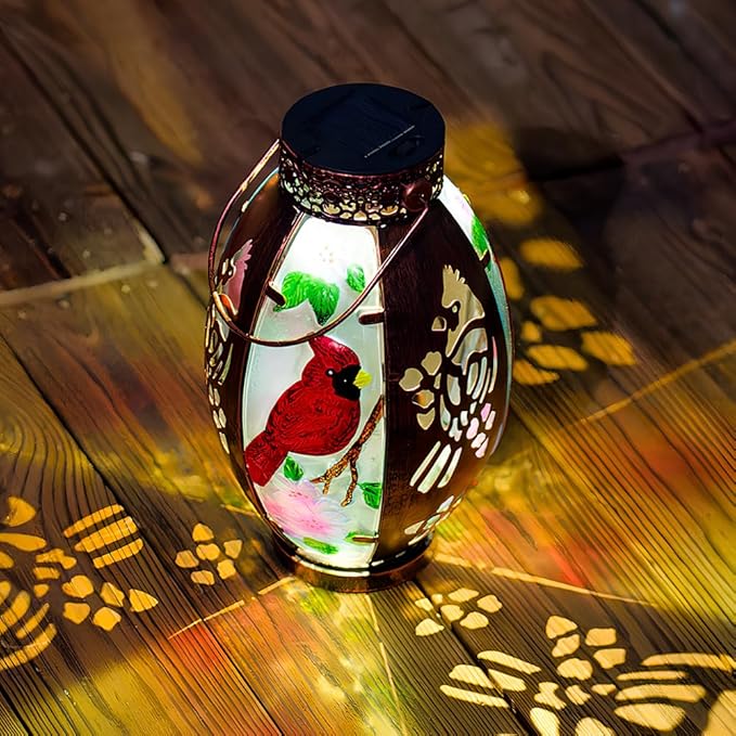 Starsoul Cardinal Outdoor Solar Lantern - Metal & Stained Glass Cardinal Solar Light, Waterproof Tabletop Lamp with Hollowed-Out Design for Yard, Patio, Garden, Pathway - Bloomnest