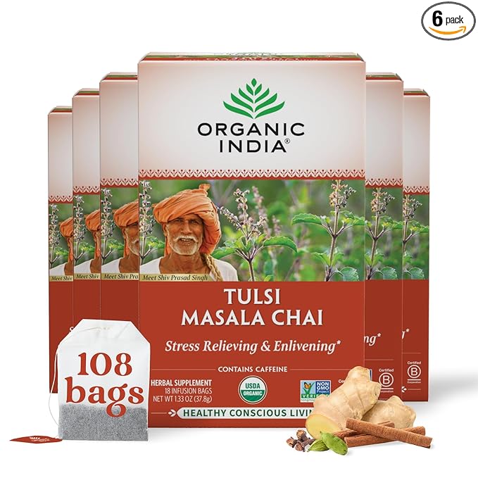 Organic India Tulsi Masala Chai Tea Bags - Holy Basil, Black Tea, Spices with Ginger, Stress Relieving, Immune Support, USDA Certified Organic, Antioxidant, Caffeinated - 18 Infusion Bags, 6 Pack - Bloomnest