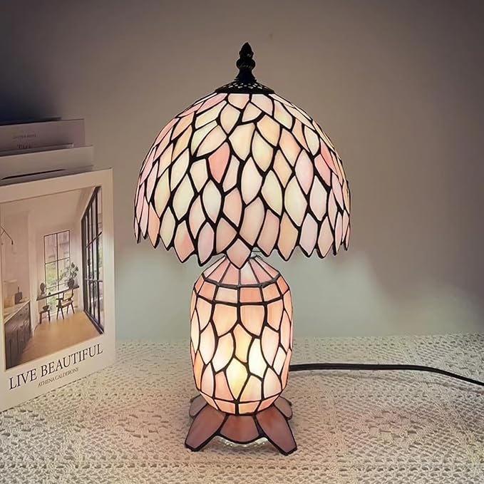 Small Tiffany Lamp Stained Glass Table Lamp Mini Mother Daughter Vase Desk Accent Night Light for Bedroom Bedside Reading Home Antique Style 8X14 Inches (Pink Wisteria) - Bloomnest
