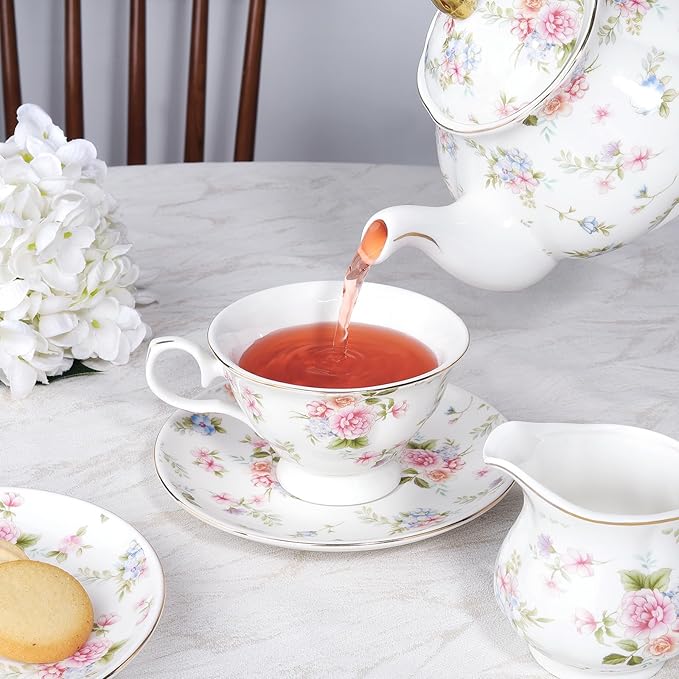 fanquare 21 Pieces Pink Blue Floral Porcelain Tea Set with Gold Trim, British Style Coffee Set for Adults, Vintage Romantic Gift Tea Sets for Wedding, Birthday, Women Tea Party - Bloomnest