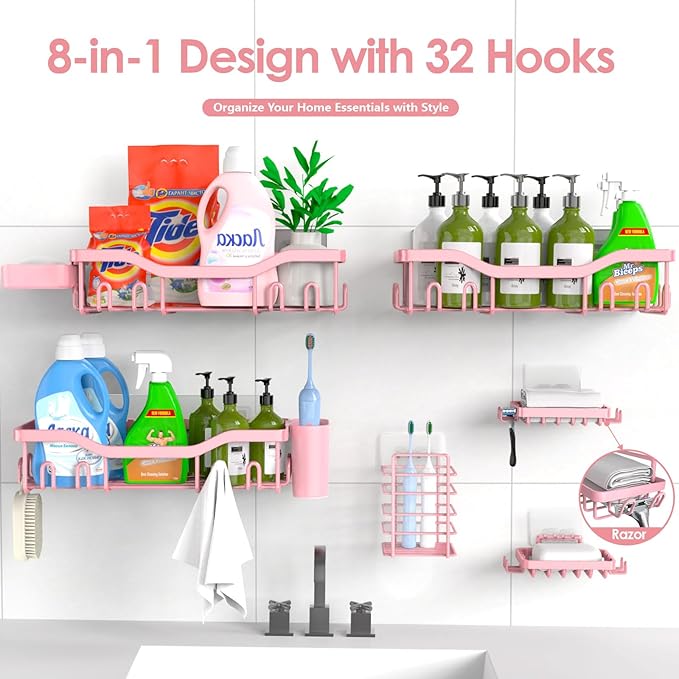 Shower Caddy Adhesive Shower Organizer 8-Pack, Rustproof Stainless Steel Bathroom Shelves, Large Capacity No-Drill Rack Storage Accessories with Soap Dish Toothbrush Holder Hooks - Bloomnest