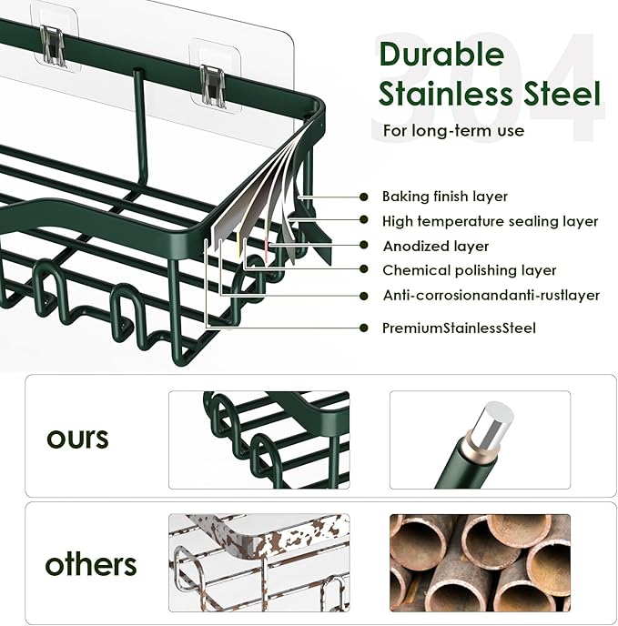 Shower Caddy Adhesive Shower Organizer 7-Pack, Rustproof Stainless Steel Bathroom Shelves, Large Capacity No-Drill Rack Storage Accessories with Soap Dish Toothbrush Holder Hooks - Bloomnest